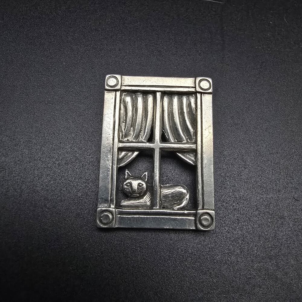 Clift Pewter Cat in Window Brooch Vintage Costume Jewelry Cat Lover Gift